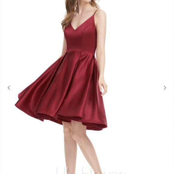 Burgundy A-line V-Neck Knee-Length Satin Dress from JJ's House - Picture 3 of 6